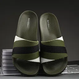 Mast & Harbour Men Olive Green Striped Rubber Sliders-34