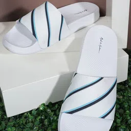 Mast & Harbour Men White Striped Rubber Sliders-42