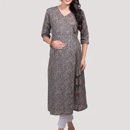 Mom For Sure by Ketki Dalal Floral Printed V-Neck Cotton Angrakha A-Line Maternity Kurtas-image-10