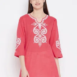 Ruhaans Women Pink Embroidered Keyhole Neck Longline Top-image-92
