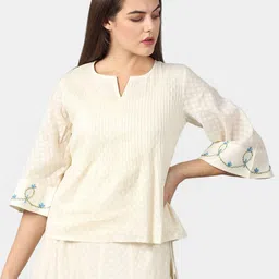 DART STUDIO V-Neck Floral Printed Embroidered Pleated Top-46