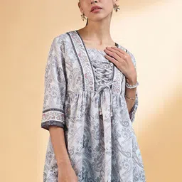 all about you Off White Floral Printed Square Neck Pleated A-Line Kurti-image-82