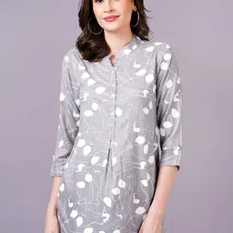 KALINI Floral Print Mandarin Collar Shirt Style Longline Top-image-11