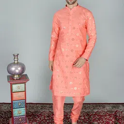 Exotic India Mandarin Collar Embroidered Regular Mirror Work Straight Kurta with Pyjamas-picture-16