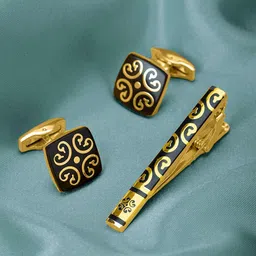 Peora Gold-Plated Stainless Steel Textured Square Cufflinks & Tie Pin-2
