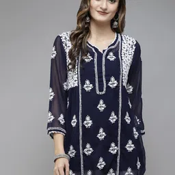 ADA Navy Blue & White Ethnic Motifs Embroidered Chikankari Handloom Kurti with Matching Slip-image-69