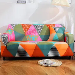 HOUSE OF QUIRK Blue & Orange Printed 3-Seater Stretchable Non-Slip Sofa Slipcover-9