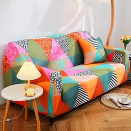 HOUSE OF QUIRK Blue & Orange Printed 3-Seater Stretchable Non-Slip Sofa Slipcover image 4