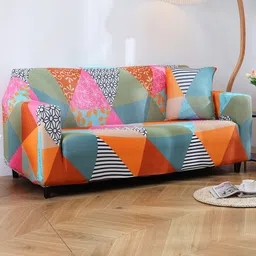 HOUSE OF QUIRK Blue & Orange Printed 3-Seater Stretchable Non-Slip Sofa Slipcover image 5