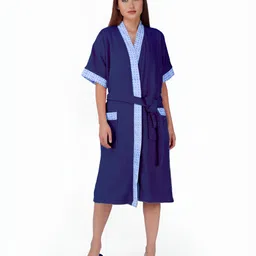 RANGOLI Navy Blue 420 GSM Pure Cotton Bathrobe With Matching Slippers-image-82