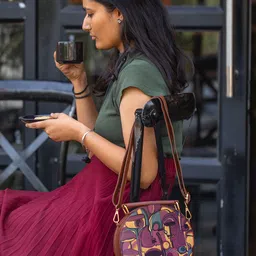 Kalankit Printed Half Moon Satchel with Applique image 3