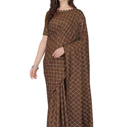 KALINI Brown & Silver-Toned Checked Jute Silk Saree-image-96