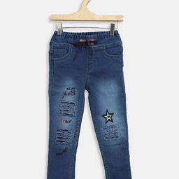 F2M Unisex Kids Jogger High-Rise Light Fade Mildly Distressed Embroidered Jeans-image-54
