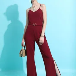 Tokyo Talkies Maroon Shoulder Straps Flared Leg Basic Jumpsuit With Slit-image-22