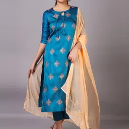 V TRADITION Ethnic Motifs Embroidered Kurta with Trousers & Dupatta-image-78