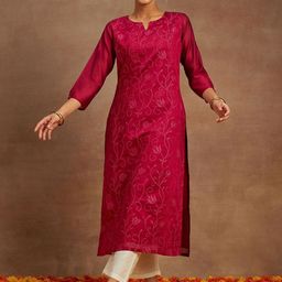 Libas Floral Printed Thread Work Chanderi Silk Kurta-2