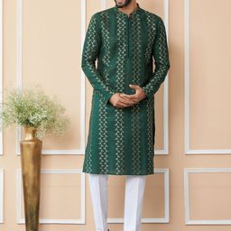 See Designs Mandarin Collar Ethnic Motifs Printed Thread Work Chanderi Silk Kurta-image-83