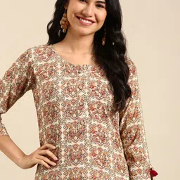 SHOWOFF Women Cream-Coloured & Red Floral Printed Chanderi Silk Kurta-picture-32