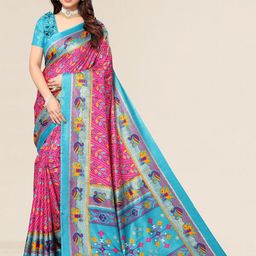 Winza Designer Pink & Blue Ethnic Motifs Silk Cotton Mysore Silk Saree-image-32