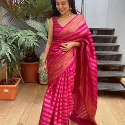 Aldwych Striped Ethnic Motifs Woven Design Zari Banarasi Saree-picture-43