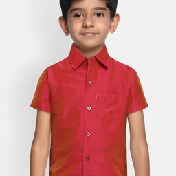 THANGAMAGAN Boys Magenta Regular Fit Solid Ethnic Silk Shirt-picture-10