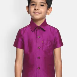 THANGAMAGAN Boys Violet Regular Fit Solid Ethnic Silk Shirt-image-76