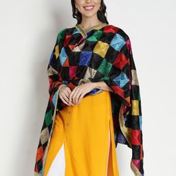 Moda Chales Woman Black & Multicoloured Embroidered Dupatta with Phulkari-8