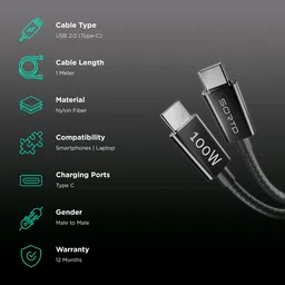 Sortd Type C to Type C 3.3 Feet (1M) Cable (In-Build Smart E Marker Chip, Black) image 2