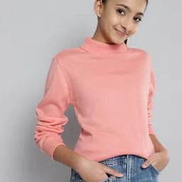 JUSTICE Girls Peach-Coloured Ribbed Acrylic Turtle Neck Pullover-image-93