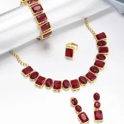 Peora Maroon & Gold Plated Crystal Studded Handcrafted Jewellery Set-image-20