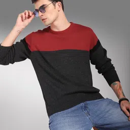 High Star Colourblocked Round Neck Long Sleeves Acrylic Pullover Sweaters-image-7