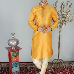 Exotic India Mandarin Collar Woven Design Regular Straight Kurta with Churidar-picture-9
