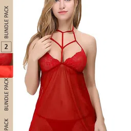 AROUSY Pack Of 2 Net Halter Neck Baby Doll-image-70