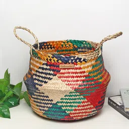HABERE INDIA Red & Yellow Seagrass Belly Plant Small Storage Basket-29