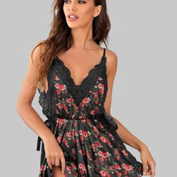 Herryqeal Inserted Lace Satin Printed Baby Doll-image-9