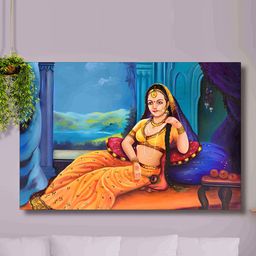 SAF Yellow & Blue Rajasthani Woman Painting Canvas Wall Art-29