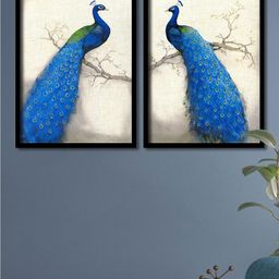 Art Street Set Of 2 Blue & Grey Peacock Framed Canvas Wall Arts-17