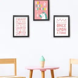 TIED RIBBONS Set of 3 White & Pink Unicorn Printed Poster Framed Wall Art-76