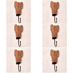 IndianShelf Brown & Black 6 Pieces Elephant Printed Wooden Wall Hooks-picture-8