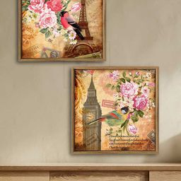 Art Street Set Of 2 Camel-Brown & Pink Floral Bird Paris Canvas Wall Painting-10