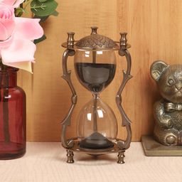 EXIM DECOR Black & Brown Antique Carving Sand Timer With Twigs Pillar Showpiece-image-2