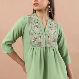 Vishudh Mandarin Collar Floral Embroidered Gathers Top-picture-14
