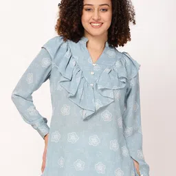 FUTURO Floral Printed Ruffles Mandarin Collar Top-image-2