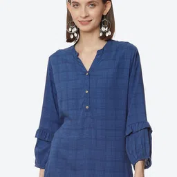 Rangriti Blue Checked Mandarin Collar Top-image-1