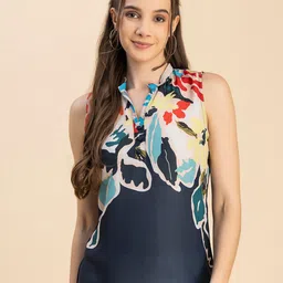 Moomaya Mandarin Collar Sleeveless Floral Print Regular Top-image-37