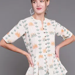 antaran Women Off White & Green Floral Print Mandarin Collar Pure Cotton Top-picture-12