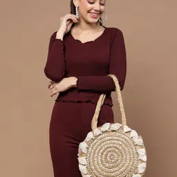 Anekaant Ethnic Motifs Regular Structured Tote Bag with Tasselled-55