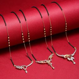 ZENEME Set Of 3 Gold-Plated White & Black Stone-Studded & Beaded Mangalsutra-image-98