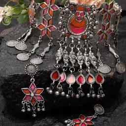 Moedbuille Silver-Plated Stone-Studded Tasselled Afghan Design Meenakari Jewellery Set-61
