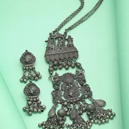 Moedbuille Silver Plated Tribal Tasselled Design Oxidised Jewellery Set-picture-12
